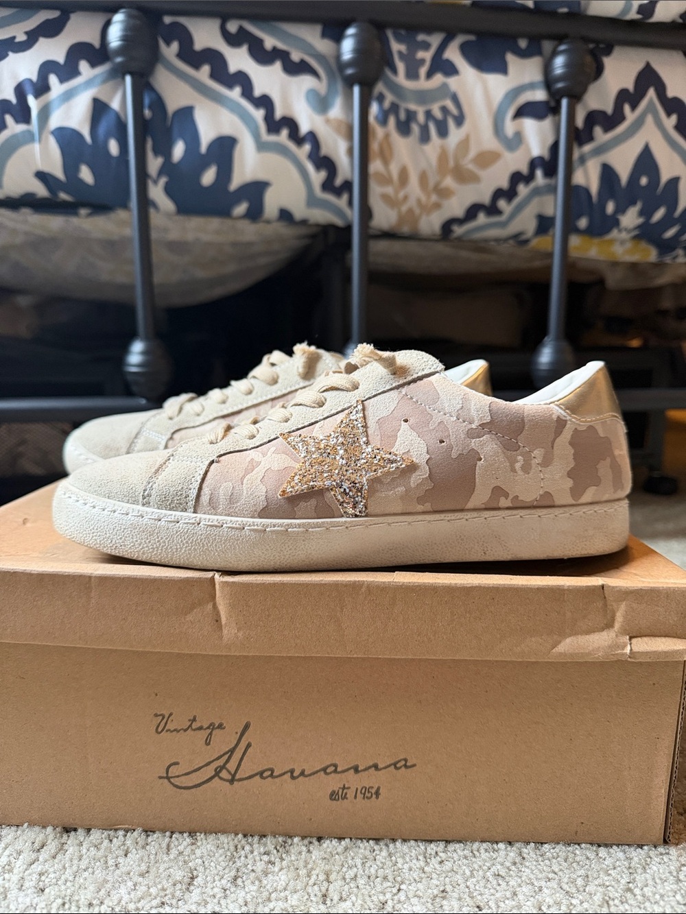 Vintage Havana Tan Camo Sneakers with Gold Glitter Star